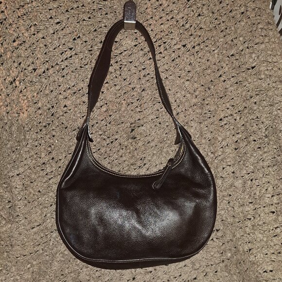 LONGCHAMP-Dark Brown Pebbled Leather Hobo/Baguette-Vintage-Logo Studs-Near Mint - Picture 3 of 13